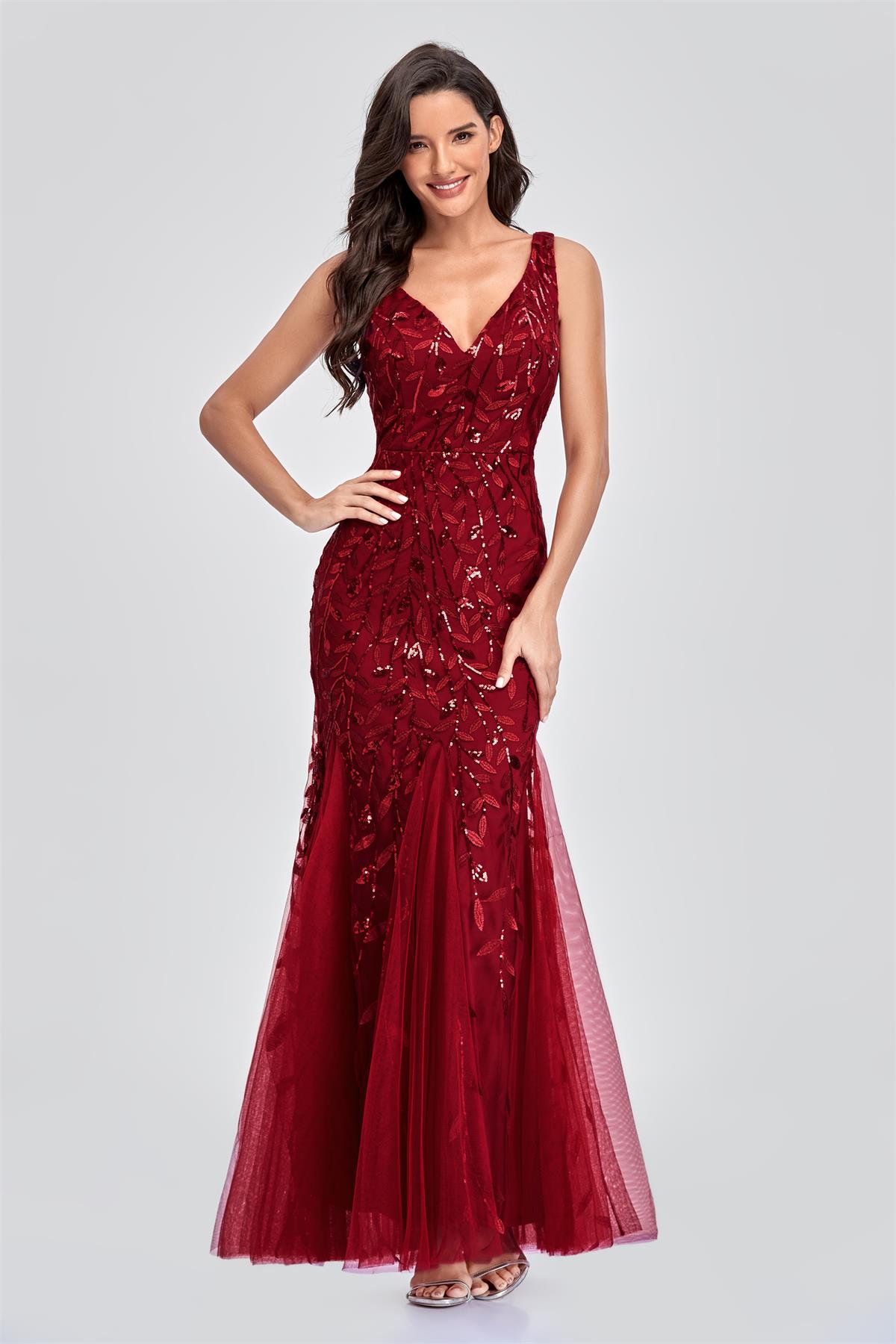 robe de soirée bordeaux longue trompette col v en dentelle paillettes aux feuilles