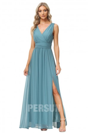 Robe de soirée fendue dusty blue bustier V en mousseline