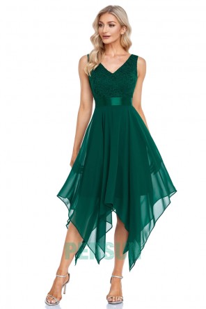 Robe de cocktail vert foncé haut appliquée de dentelle à jupe fantaisie