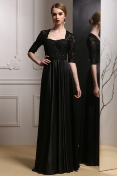 Robe de gala noire à mi longue manche dos découpé