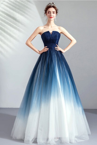 Robe de soirée princesse bleu blanc dégradé bustier découpé