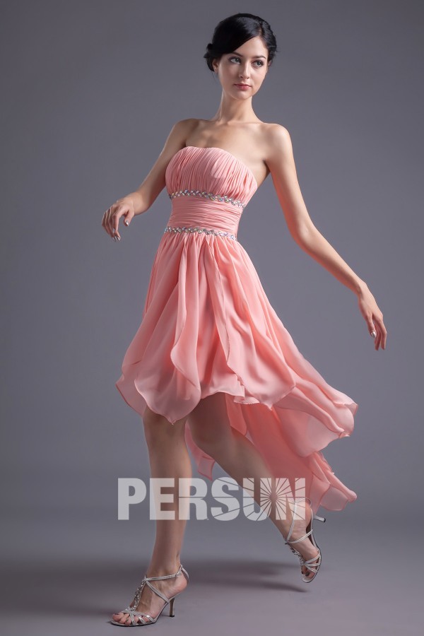 Robe bal plissée courte devant longue derrière sans bretelle