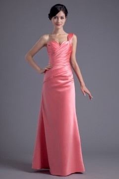 Robe soirée longue asymétrique en satin rose
