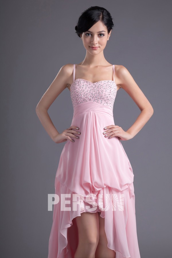 Robe bal haut-bas stras avec bretelles fines
