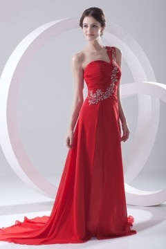 Robe soirée asymétrique plissée ornée de strass à traîne chapel