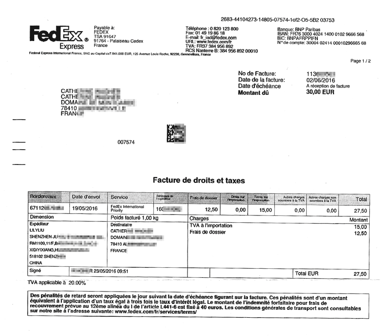 Copie de la facture Fedex