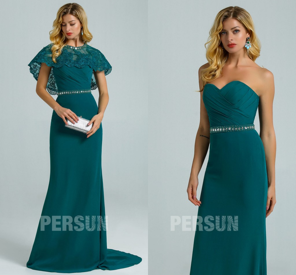 robe de soirée sirène longue vert pin bustier coeur embelli de strass avec cape en dentelle