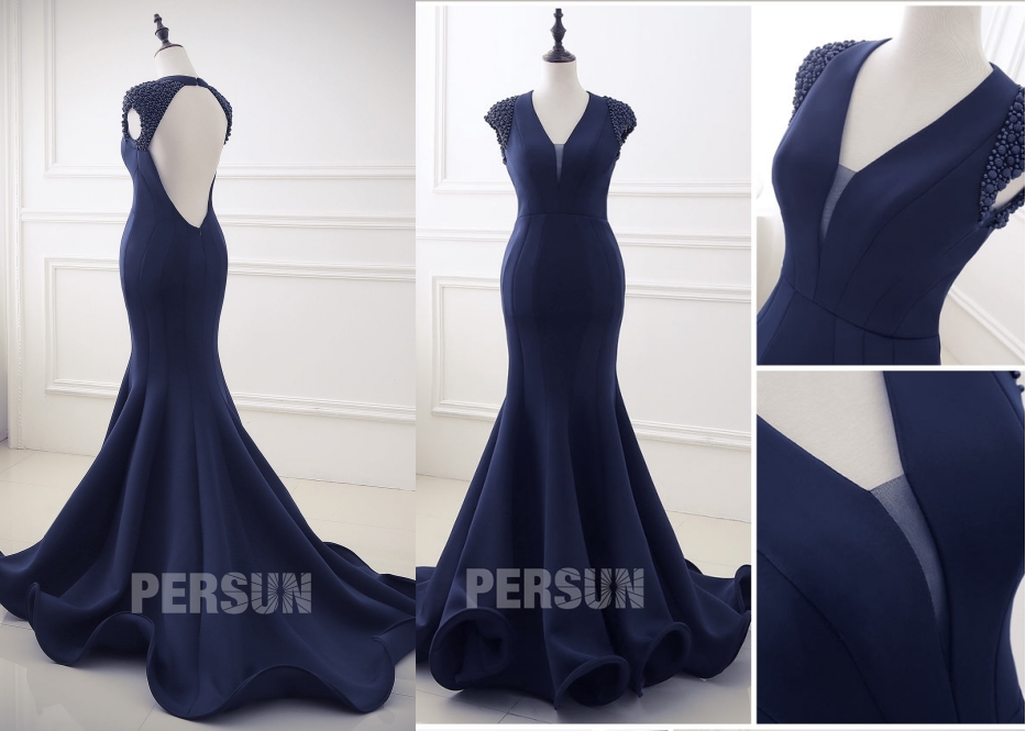 robe cérémonie sirène bleu nuit dos ouvert col v jupe à volant
